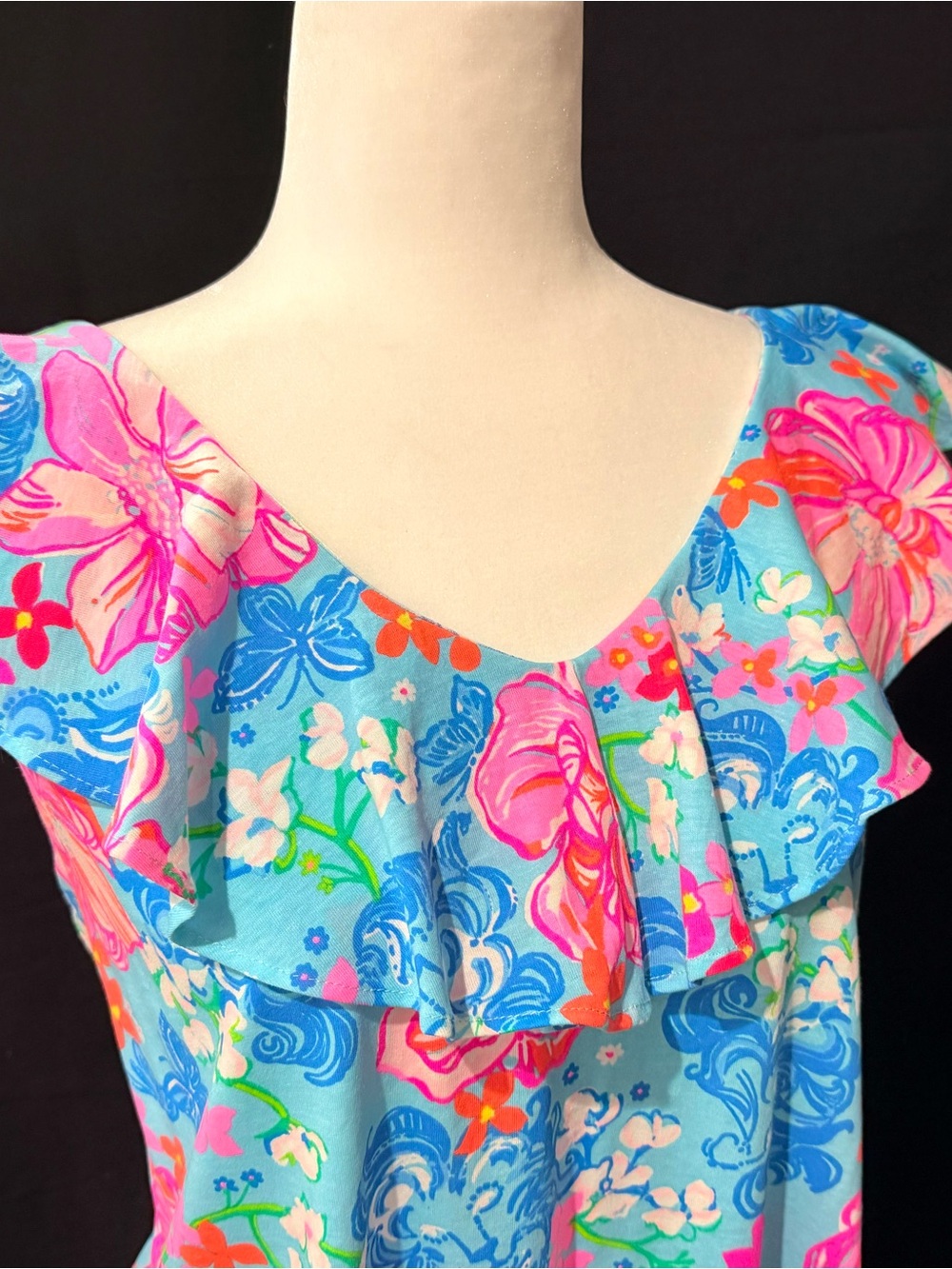 Lilly Pulitzer Alessa Swing Dress - Aqua Floral Ruffle with Pink & Blue Blooms